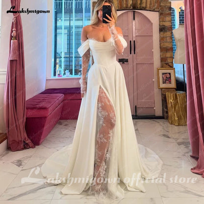 Lakshmigown Off The Shoulder Pleat Satin Wedding Dresses Lace Long Sleeves A-Line Bridal Gowns Sweep Train Bridal Dresses