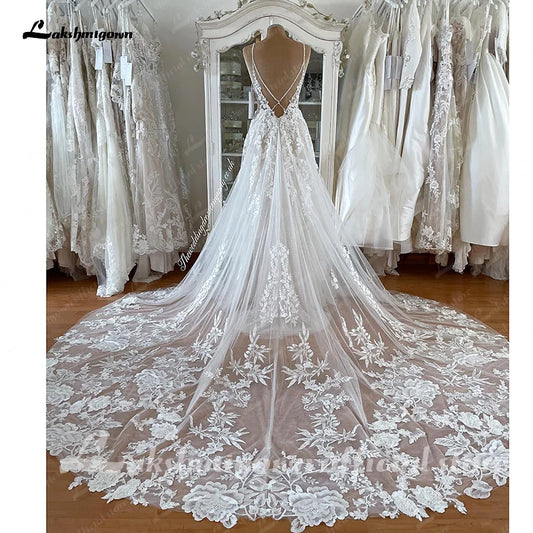 Roycebridal Roycebridal Spaghetti Straps Lace Wedding Dress Sexy Bridal Robe 2025 Plunging V Neck Tulle Boho Wedding Gown Abiti Sposa