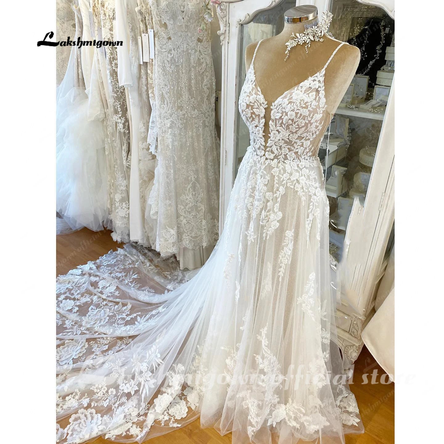 Roycebridal Roycebridal Spaghetti Straps Lace Wedding Dress Sexy Bridal Robe 2025 Plunging V Neck Tulle Boho Wedding Gown Abiti Sposa