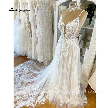 Roycebridal Spaghetti Straps Lace Wedding Dress Sexy Bridal Robe 2025 Plunging V Neck Tulle Boho Wedding Gown Abiti Sposa