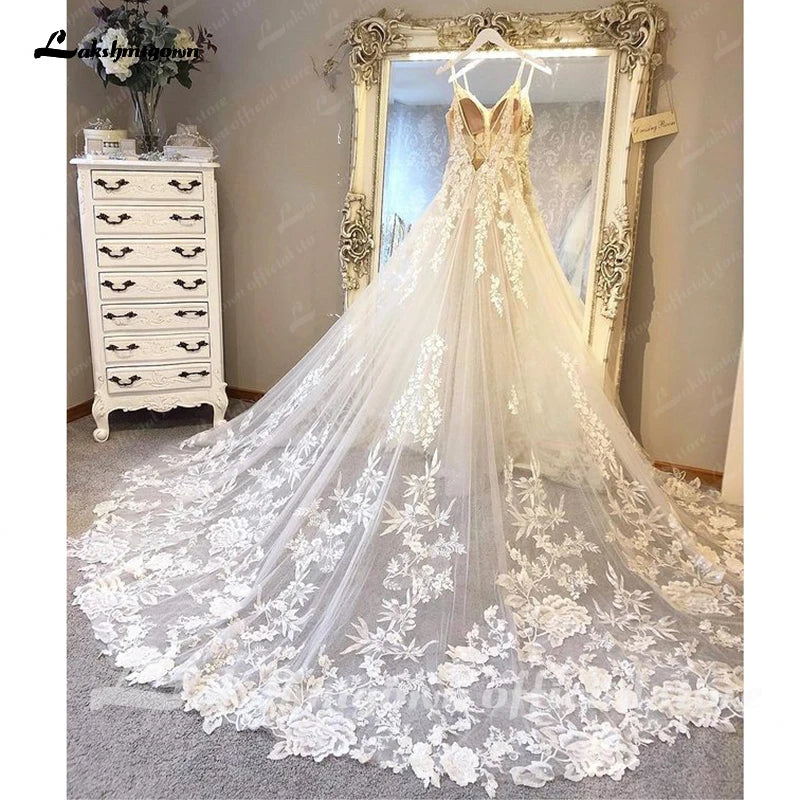 Roycebridal Roycebridal Spaghetti Straps Lace Wedding Dress Sexy Bridal Robe 2025 Plunging V Neck Tulle Boho Wedding Gown Abiti Sposa