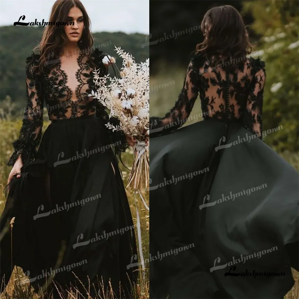 Roycebrial V Neck A Line Wedding Dress 2025 Lace Long Sleeves Backless Court Train Black Party dressesvestidos de fiestavestido