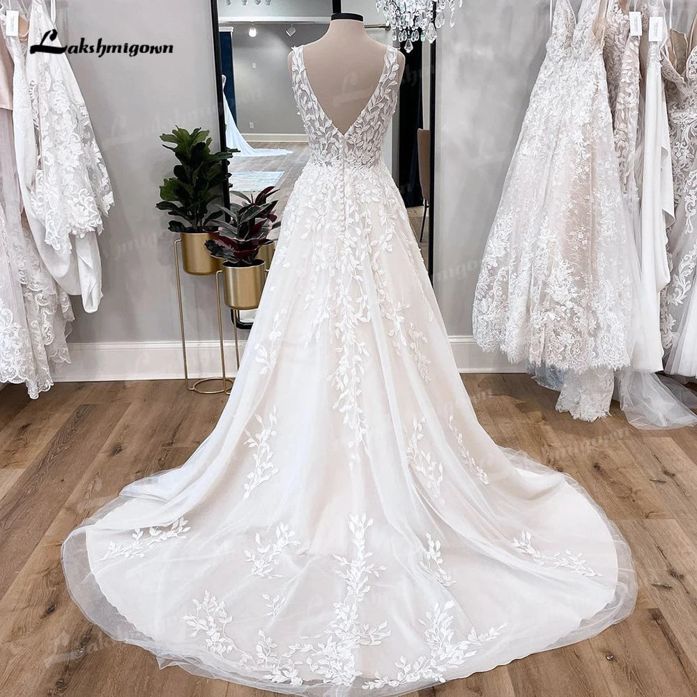 Lakshmigown V Neck Floral Lace Bridal Beach Wedding Dresses 2024 Abiti da Sposa  Summer Beach A-Line  Wedding Gowns