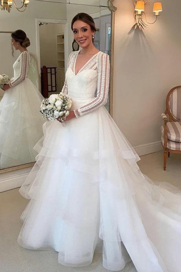 Layered Tulle Ball Gown Lace V-neck Long Sleeves Wedding Dresses, MW985 | cheap lace wedding dress | bridal gown | wedding dresses online | musebridals.com