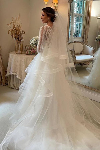 Layered Tulle Ball Gown Lace V-neck Long Sleeves Wedding Dresses, MW985 | long sleeves wedding dress | cheap lace wedding dress | vintage wedding dress | musebridals.com