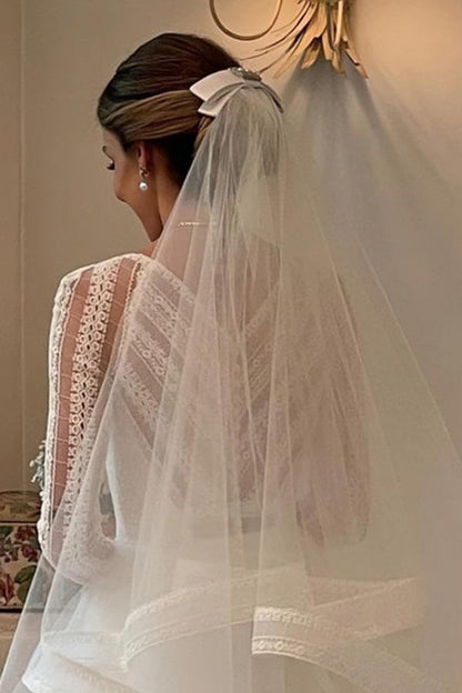 Layered Tulle Ball Gown Lace V-neck Long Sleeves Wedding Dresses, MW985 | simple wedding dress | beach wedding dress | wedding dresses near me | musebridals.com