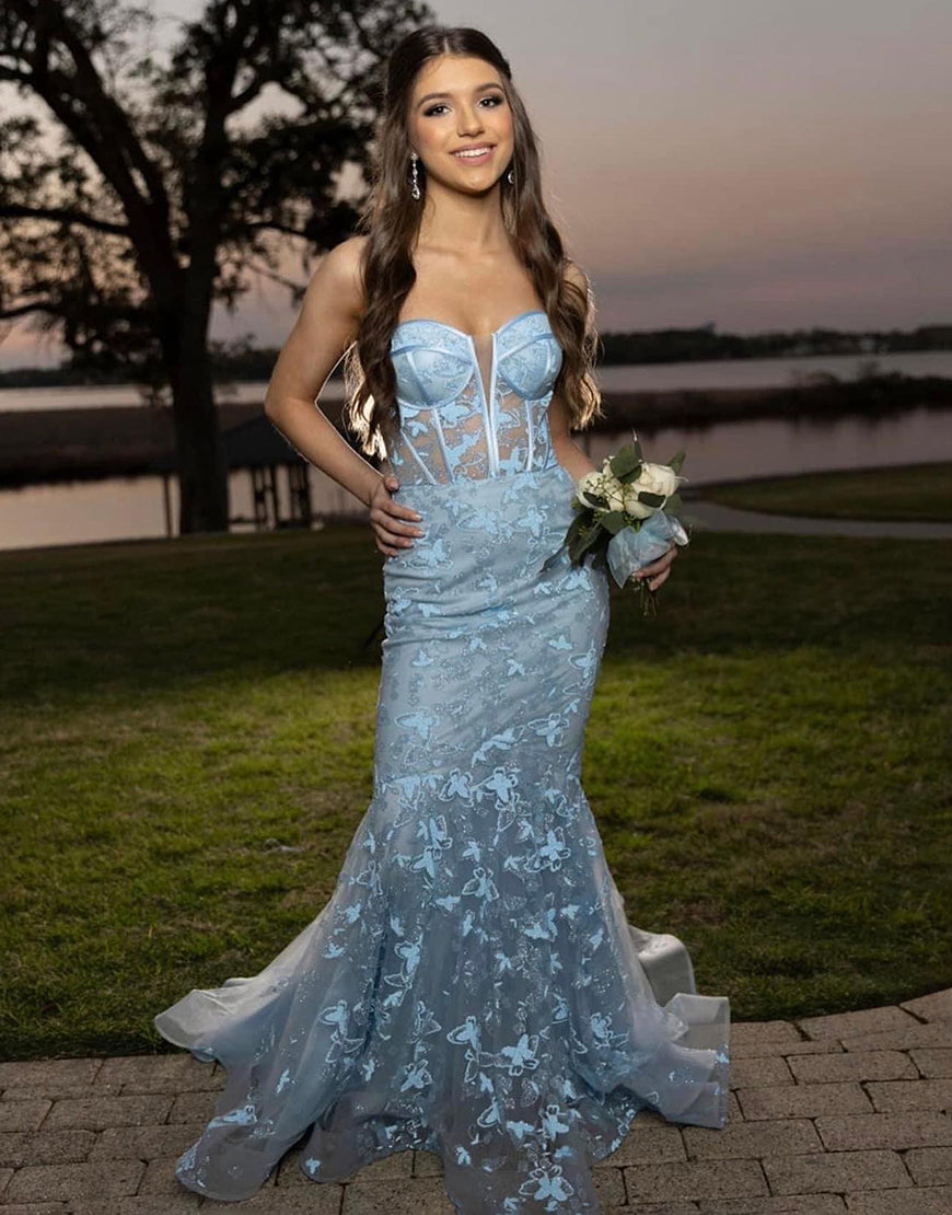 Roycebridal Ruth | Light Blue Gougeous Strapless Long Prom Dress With Appliques