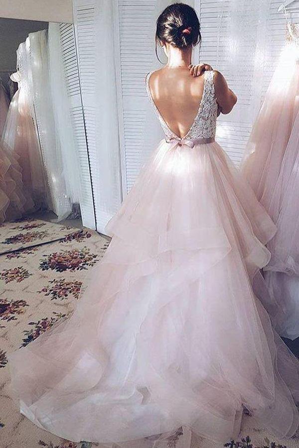 Light Pink Tulle Ball Gown V-neck Lace Wedding Dresses, Bridal Gowns, MW719 | wedding gown | tulle wedding dresses | cheap wedding dresses | www.musebridals.com