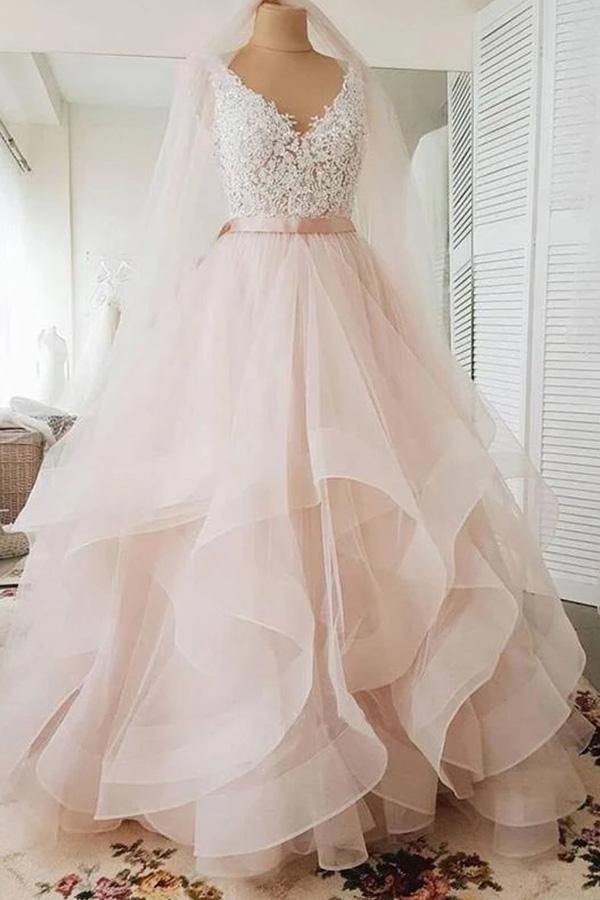 Light Pink Tulle Ball Gown V-neck Lace Wedding Dresses, Bridal Gowns, MW719 | ball gown wedding dresses | pink wedding dresses | vintage wedding dresses | www.musebridals.com