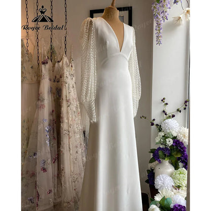 Long Sleeve Lace Soft Satin V Neck Open Back Wedding Dress Women 2024 Robe Boheme Femme Chic Bridal Receipt Dinner Party Gown