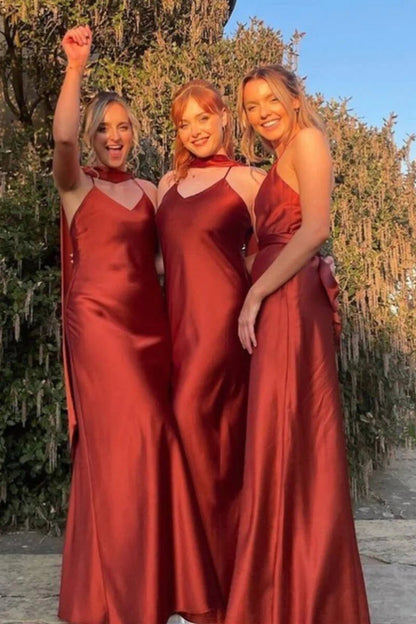 Long Rust Red Mismatch Bridesmaid Dress Boho Mermaid Wedding Guest Dress