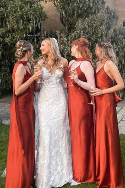 Long Rust Red Mismatch Bridesmaid Dress Boho Mermaid Wedding Guest Dress