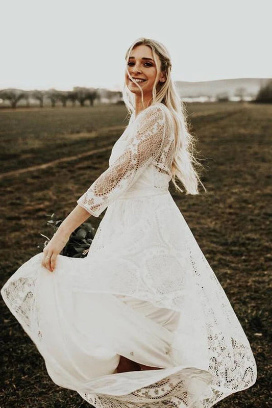 Long Sleeves Lace A-line Rustic Wedding Dresses, Wedding Gowns, MW847 | boho wedding dresses | long sleeves wedding dress | lace wedding dresses | musebridals.com