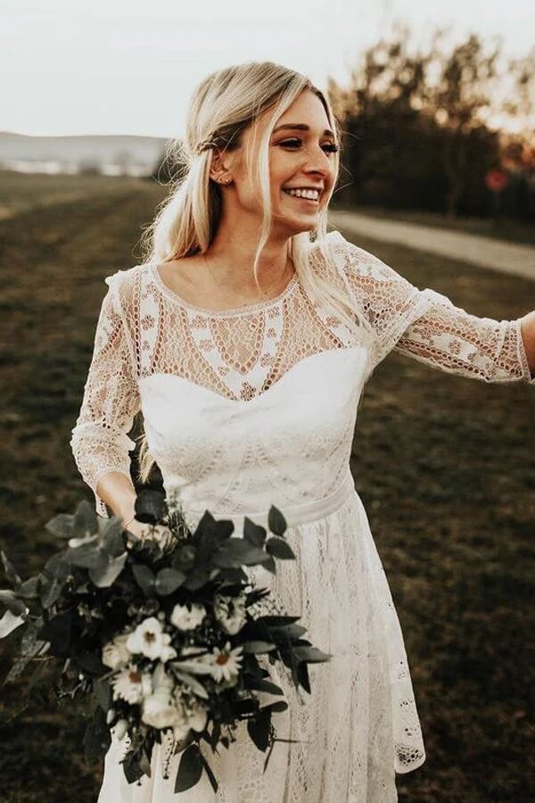 Long Sleeves Lace A-line Rustic Wedding Dresses, Wedding Gowns, MW847 | outdoor wedding dresses | beach wedding dress | bridal gown | musebridals.com