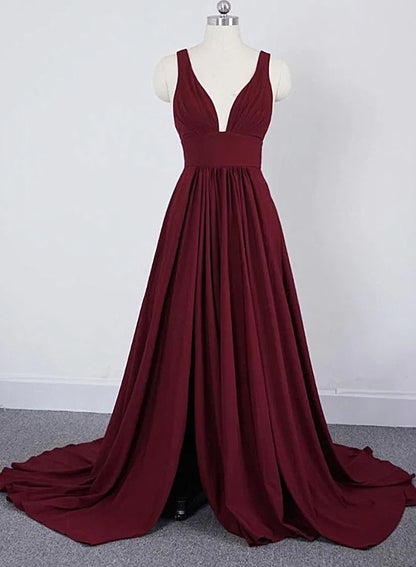 Long Straps V Neck Burgundy Beach Wedding Guest Dress High Slit