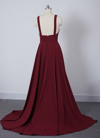 Long Straps V Neck Burgundy Beach Wedding Guest Dress High Slit