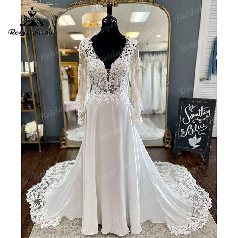 Roycebridal BRIDE,BRIDE EXPLORE All Wedding Dresses,BRIDE EXPLORE Custom Wedding Dresses 👗,BRIDE EXPLORE Plus SizeLuxury Boho V Neck Long Sleeve Lace Appliques Wedding Dress Open Back  A Line Beach vestido de novia sin espalda Bridal Gowns