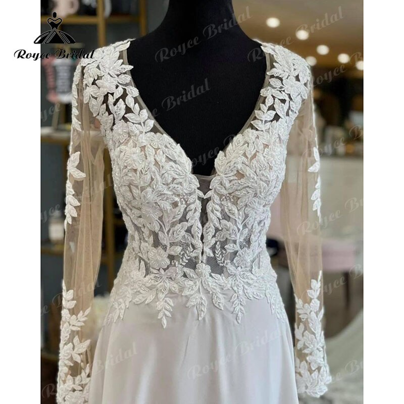 Roycebridal BRIDE,BRIDE EXPLORE All Wedding Dresses,BRIDE EXPLORE Custom Wedding Dresses 👗,BRIDE EXPLORE Plus SizeLuxury Boho V Neck Long Sleeve Lace Appliques Wedding Dress Open Back  A Line Beach vestido de novia sin espalda Bridal Gowns