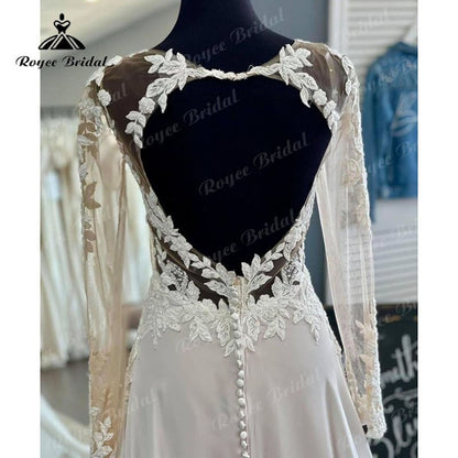 Roycebridal BRIDE,BRIDE EXPLORE All Wedding Dresses,BRIDE EXPLORE Custom Wedding Dresses 👗,BRIDE EXPLORE Plus SizeLuxury Boho V Neck Long Sleeve Lace Appliques Wedding Dress Open Back  A Line Beach vestido de novia sin espalda Bridal Gowns