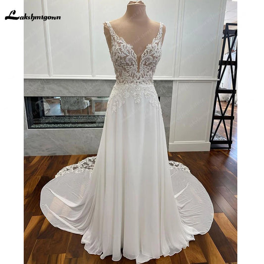 Luxury Civil Chiffon Wedding Gowns Open Back Vintage Bridal Boho Long Wedding Dresses Lace Appliques V neck Vestido Boda