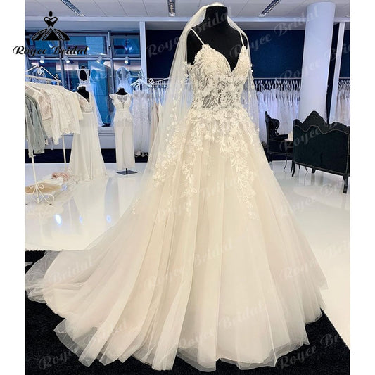 Roycebridal Luxury Floral Lace Appliques Wedding Gowns Women 2025 Abito Sposa Elegant Bridal Boho Wedding Dresses Beading Spaghetti Straps