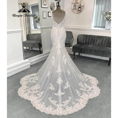 Luxury Lace Mermaid V Neck Wedding Dress Appliques 2024 Women Bridal Gown Custom Made vestido de boda corte sirena Roycebridal