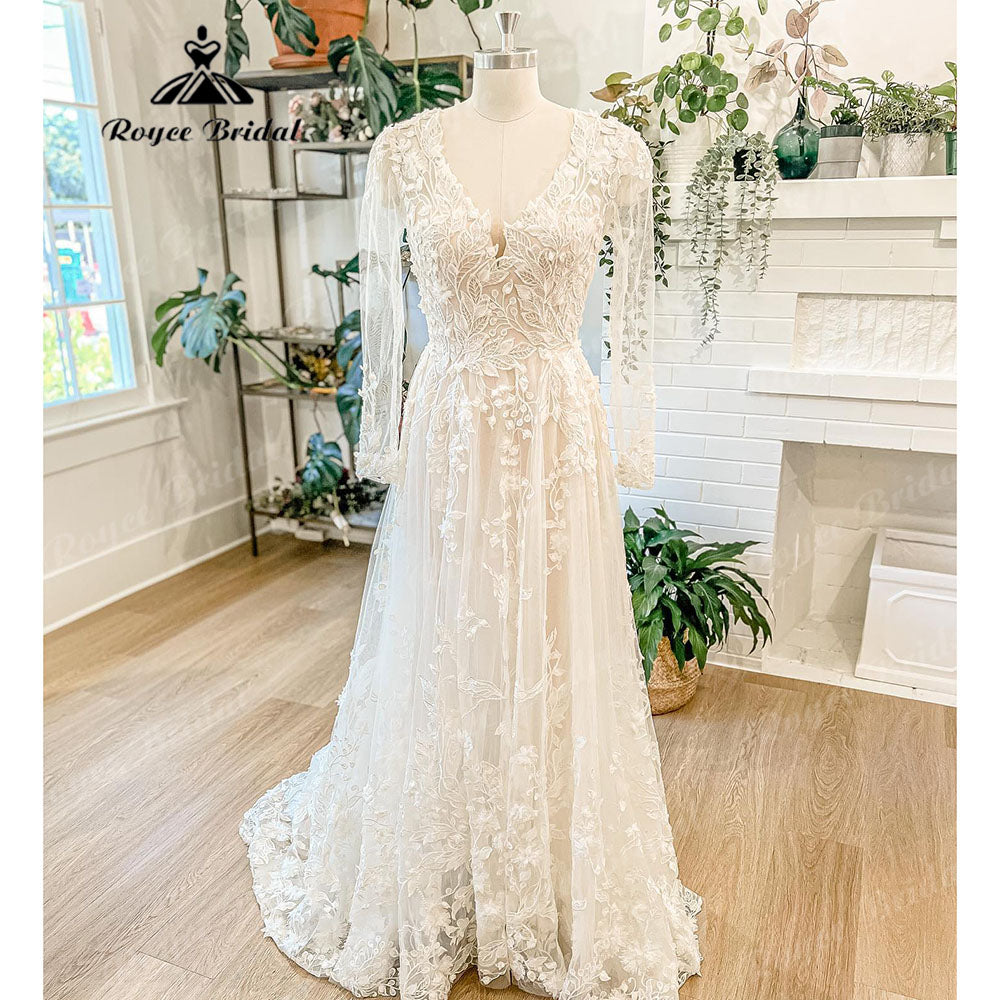 Roycebridal Luxury Long Sleeve Lace Floral Wedding Dress with V Neck 2025 Appliques Boho Bridal Gown Women vestido de novia para boda civil