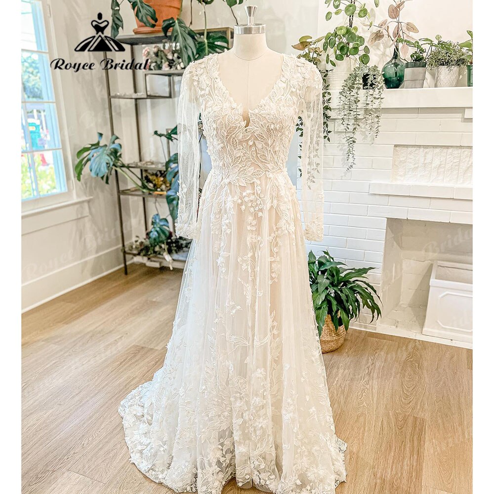 Roycebridal Luxury Long Sleeve Lace Floral Wedding Dress with V Neck 2025 Appliques Boho Bridal Gown Women vestido de novia para boda civil