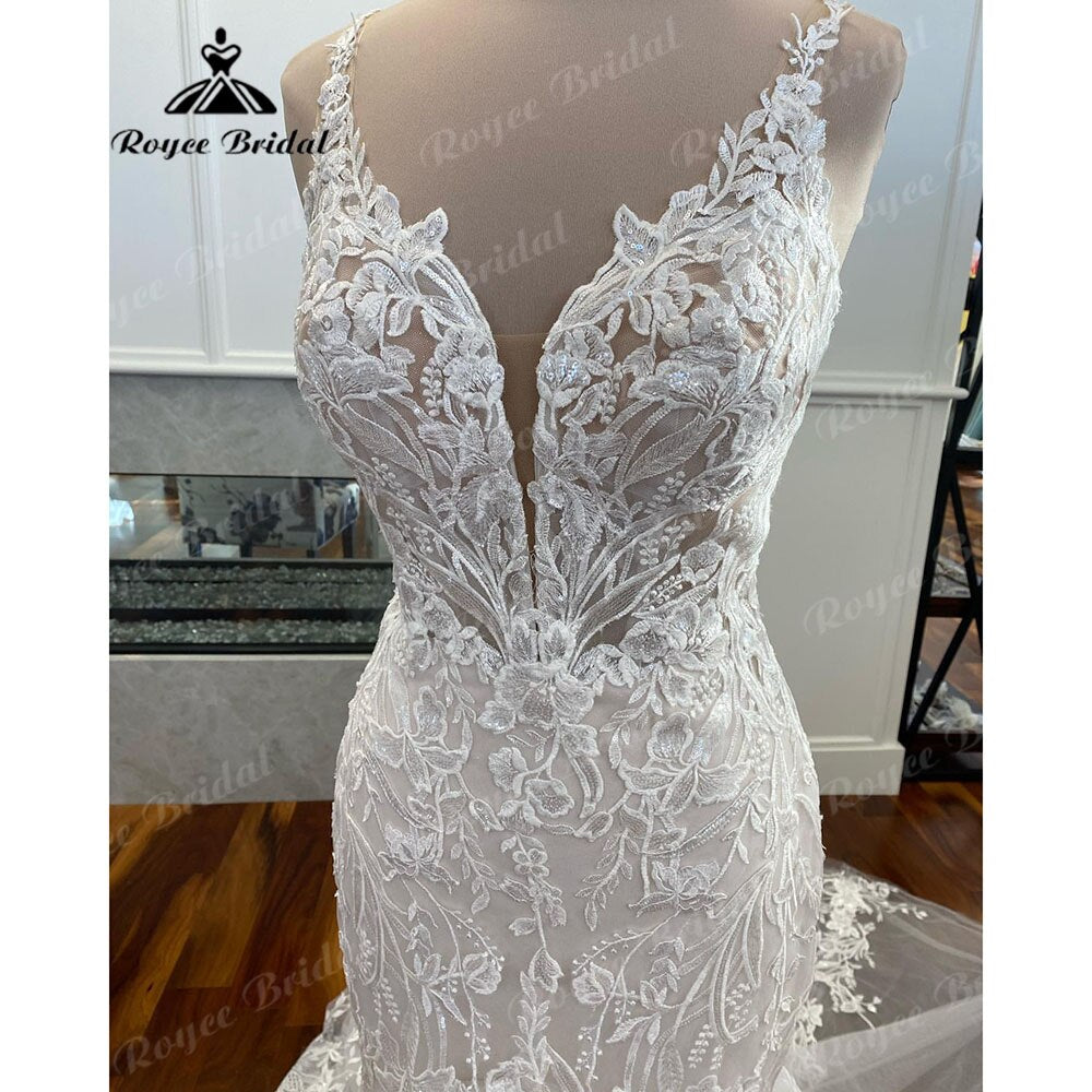 Roycebridal Luxury Mermaid/Trumpet Lace Wedding Dress for Women 2025 Wedding Gowns Spaghetti Straps vestido de boda corte sirena Roycebridal