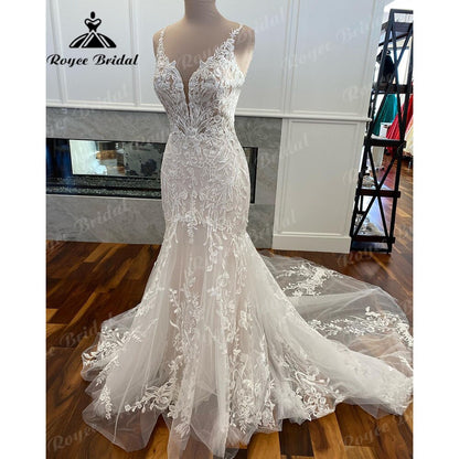 Roycebridal Luxury Mermaid/Trumpet Lace Wedding Dress for Women 2025 Wedding Gowns Spaghetti Straps vestido de boda corte sirena Roycebridal