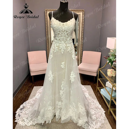 Luxury Robe Lace Appliques Spaghetti Straps Wedding Dress Backless 2024 Bridal Gown Court Train vestido de novia Roycebridal