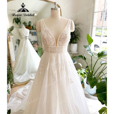 Roycebridal Luxury Shiny Glitter Plunging V Neck Lace Wedding Dress for Women 2025 Sleeveless Bridal Gown Custom Made vestido de casamento