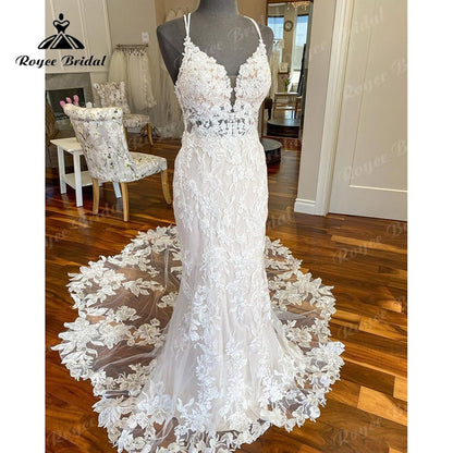 Roycebridal Luxury V Neck Lace Appliques Spaghetti Straps Wedding Dress Mermaid/Trumpet Court Train Vestido De Novia Wedding Gowns for Women