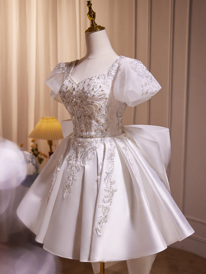 Luxury Lantern Sleeves Beaded with Bowknot Back Short Homecoming Dress