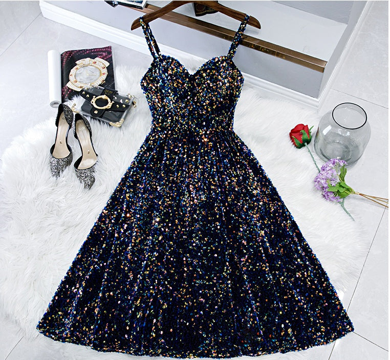 Roycebridal Glitter Spaghetti Straps Cute Short Prom Dresseses Tight Tea Length Homecoming Dresses