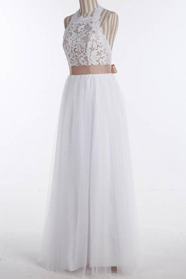 Roycebridal Simple Tulle Jewel Lace Top Sleeveless Floor-Length Wedding Dresses, MW213