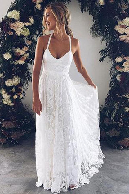 Charming White Lace Floor Length V Neck Long Wedding Dresses on Line, MW237