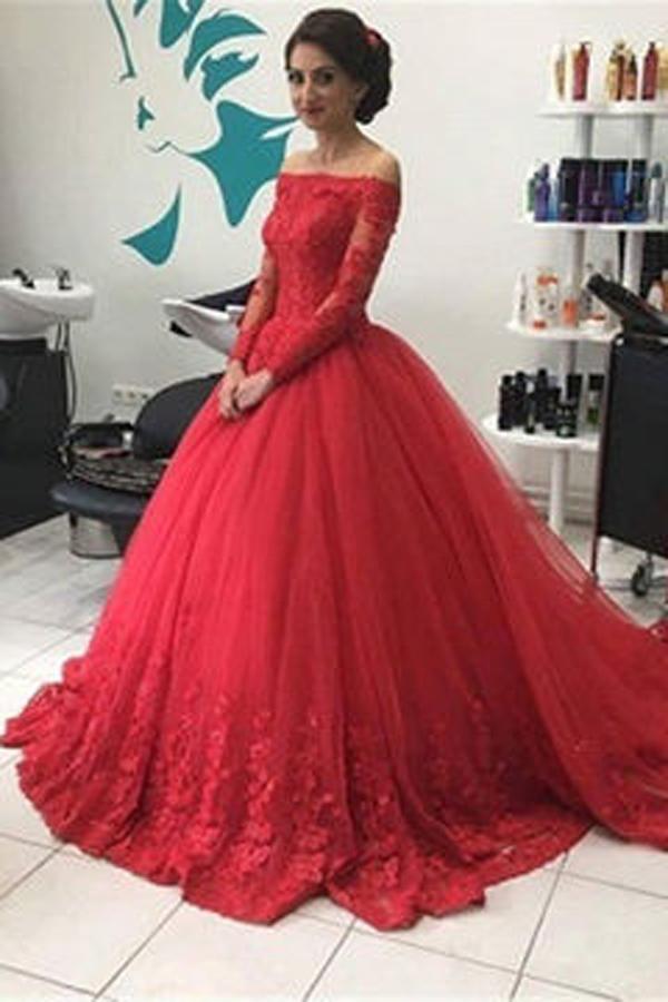 Red Off Shoulder Lace Tulle Long Sleeves Prom Dress Ball Gown Wedding Dresses, MP351