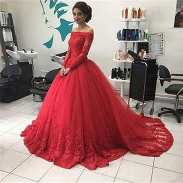 Red Off Shoulder Lace Tulle Long Sleeves Prom Dress Ball Gown Wedding Dresses, MP351|musebridals.com