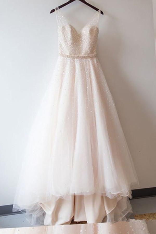 Blush Pink Tulle Ball Gown Lace Prom Dresses, Sweetheart Wedding Dress, MW111