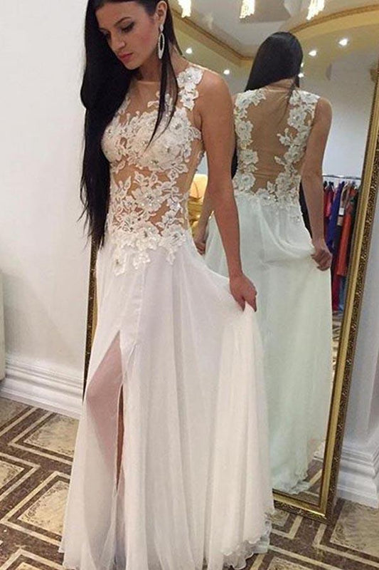 White Chiffon High Neck Beaded Floor Length Sleeveless Long Wedding Dresses, MW244