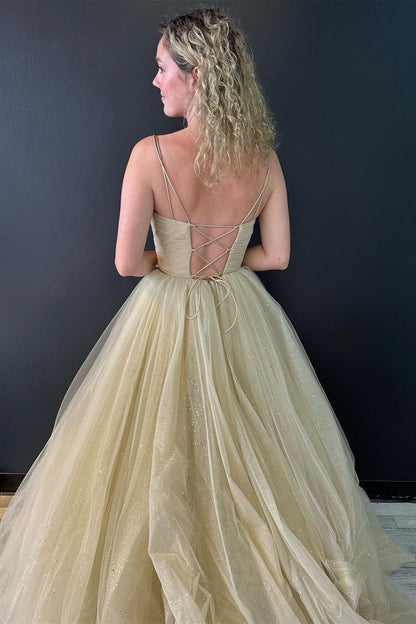 Roycebridal Nia |A line V Neck Glitter Tulle Prom Dress with Lace up Back