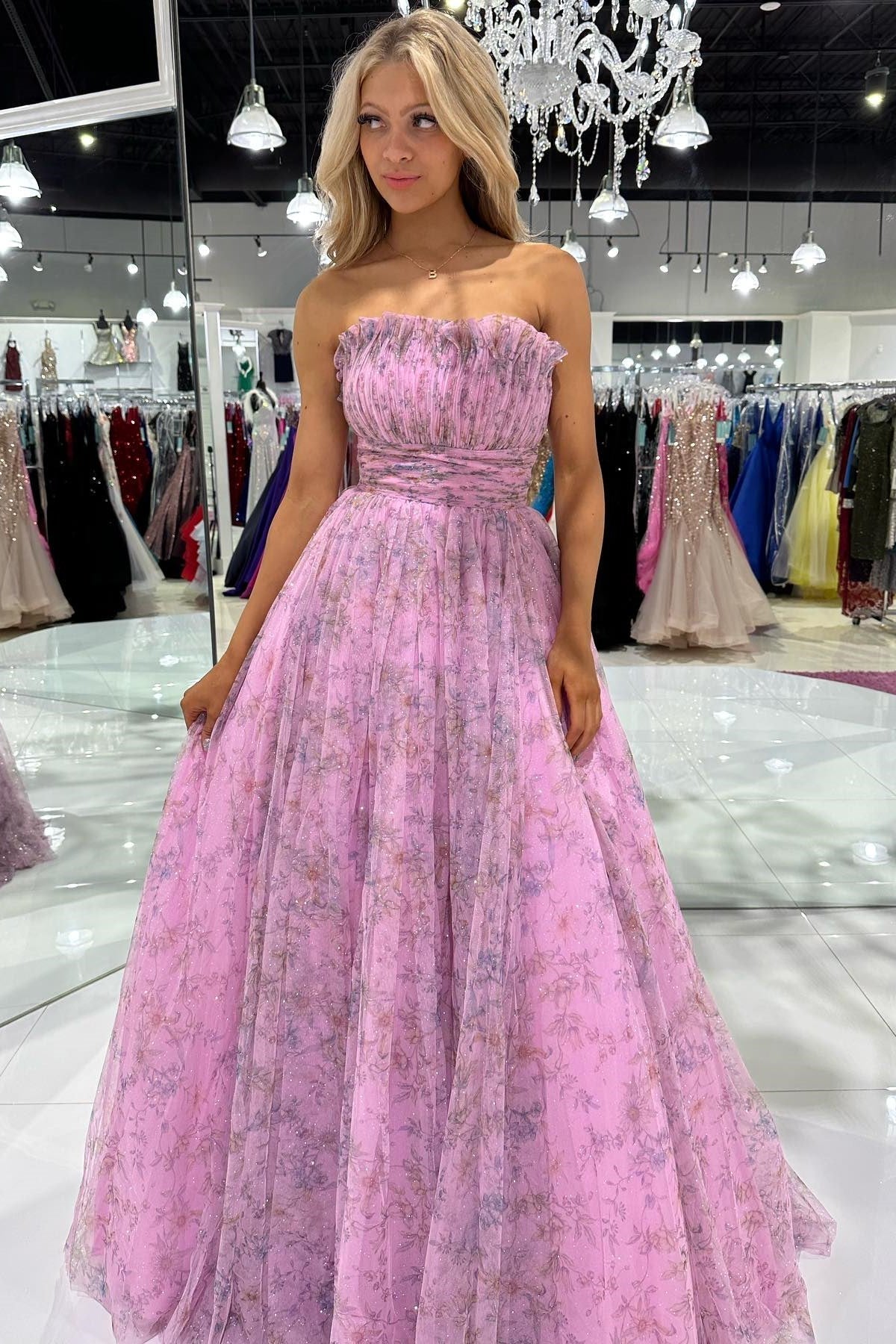 Roycebridal Amani |A line Strapless Printed Glitter Tulle Prom Dress