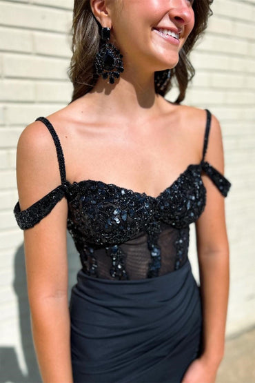 Black Sequin Cold-Shoulder Mermaid Long Formal Dress with Slit