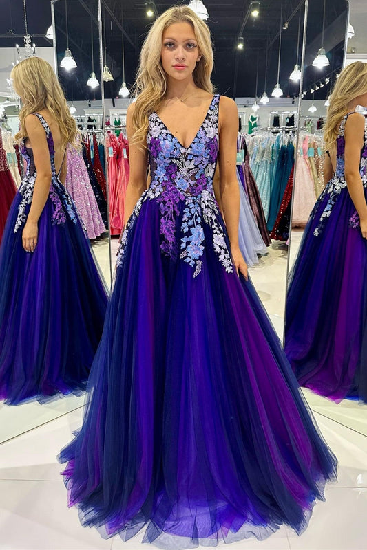 Roycebridal Purple Tulle Appliques V-Neck Open Back Long Prom Dress