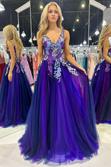 Roycebridal Purple Tulle Appliques V-Neck Open Back Long Prom Dress