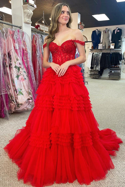 Roycebridal Elina | Red Tulle Off-the-Shoulder Ruffle Tiered Long Prom Dress