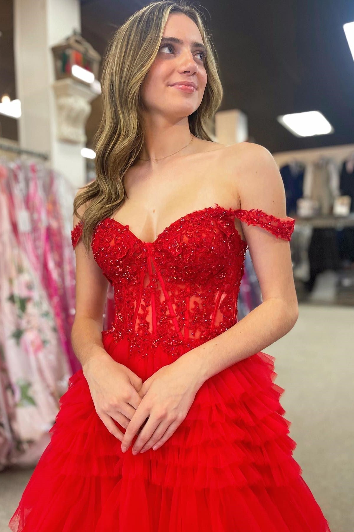 Roycebridal Elina | Red Tulle Off-the-Shoulder Ruffle Tiered Long Prom Dress