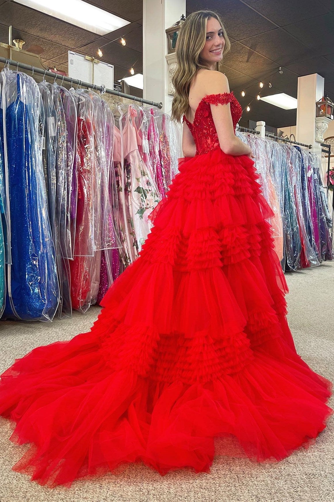 Roycebridal Elina | Red Tulle Off-the-Shoulder Ruffle Tiered Long Prom Dress