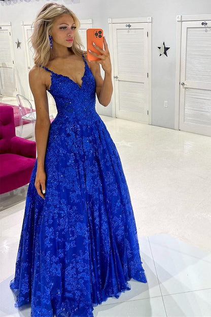 Roycebridal Mikaela | Royal Blue Sequin Lace V-Neck A-Line Long Prom Dress